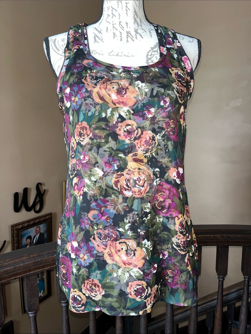 a.n.a Floral Tank Top in Black with Purple & Green Flowers